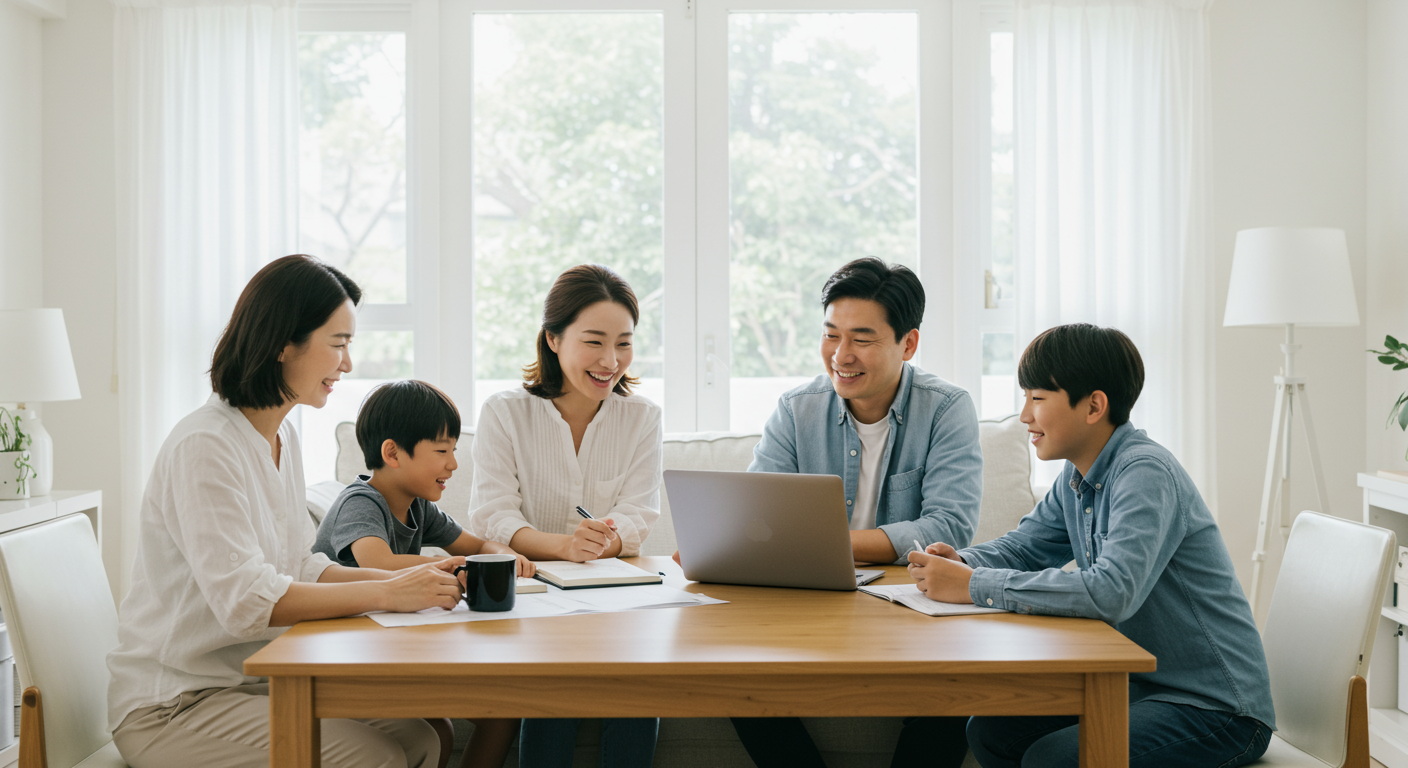 한국 가족이 거실에서 여행 계획을 세우며 예산을 논의하는 모습