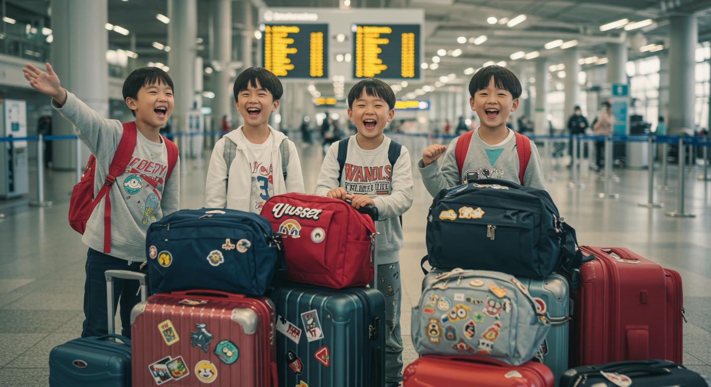 공항 출국장에서 가족 여행을 기다리는 아이들의 밝은 모습
