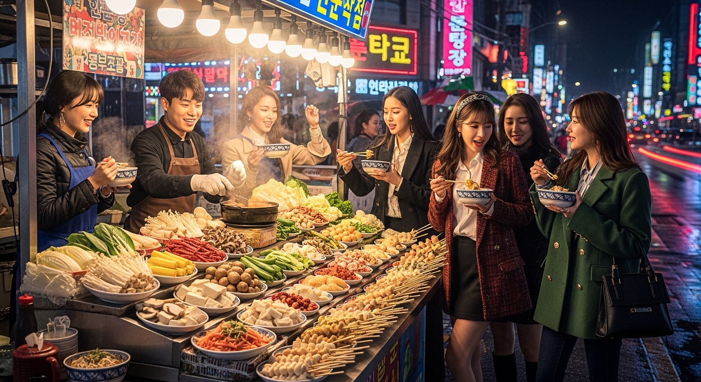 젊은이들이 분주한 도시 환경에서 개성 있는 마라탕을 즐기는 모습