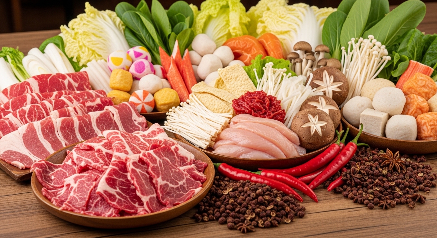 전통적인 마라탕 재료와 새로운 건강 토핑이 나무 테이블 위에 놓인 모습