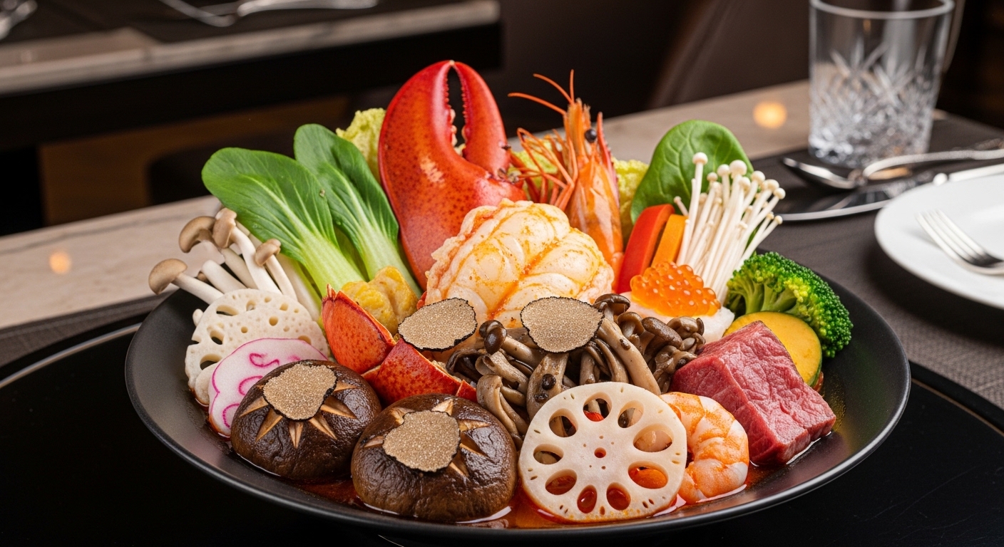 고급 레스토랑에서 우아하게 담긴 트러플 오일 버섯과 랍스터 조각