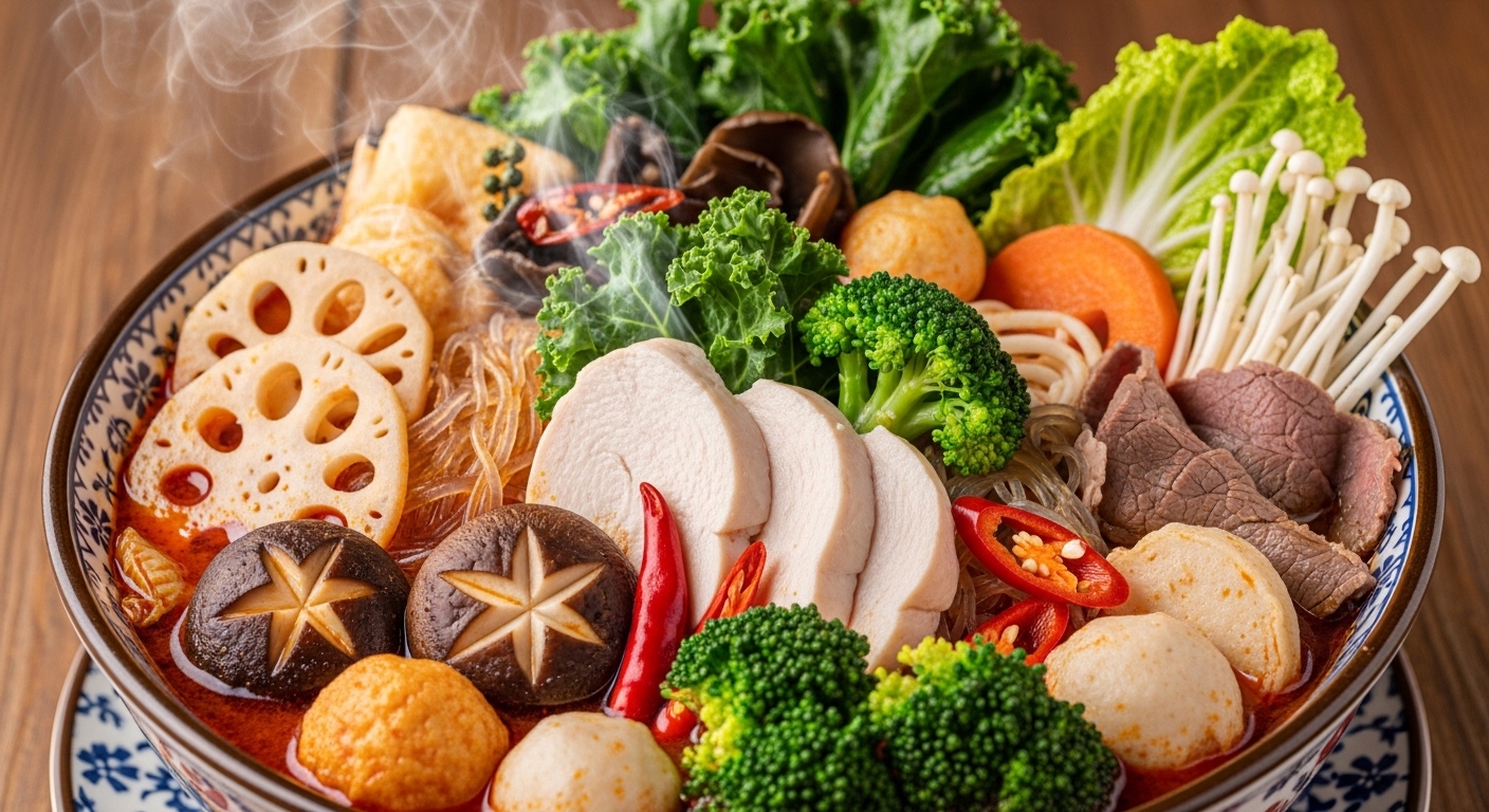 신선한 채소와 단백질 옵션이 포함된 뜨거운 마라탕 그릇