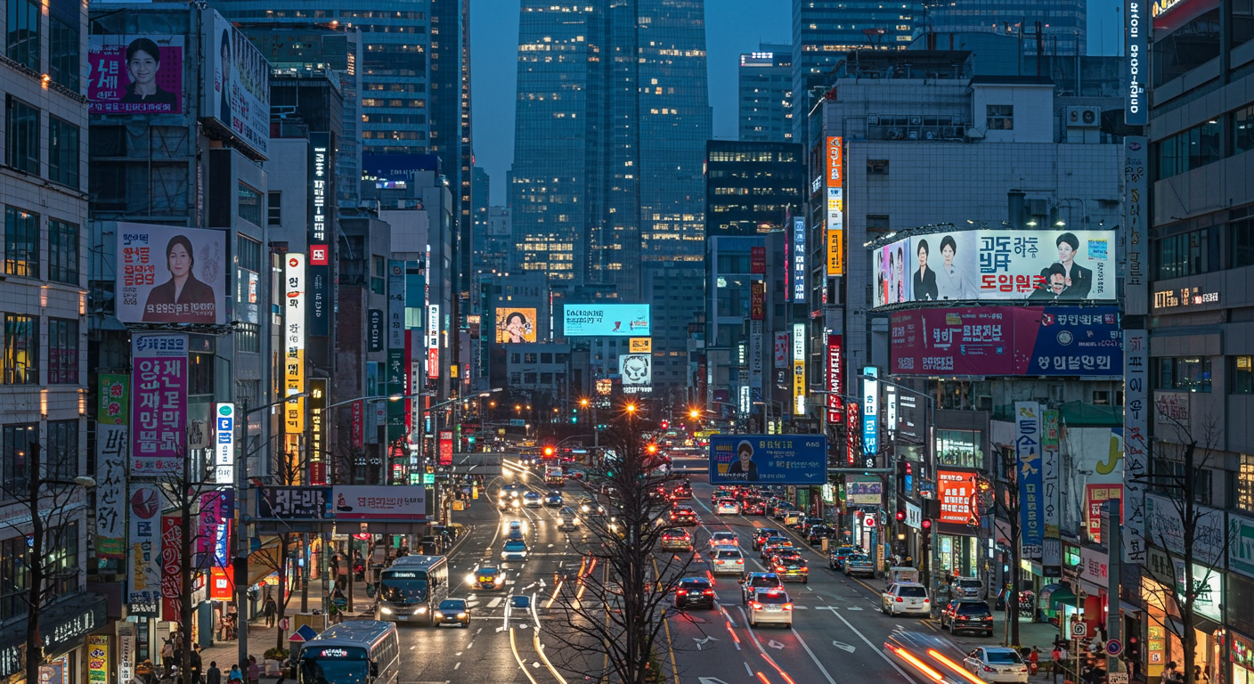 한국의 도시 풍경에서 정치 캠페인 광고가 걸린 거리 모습, 성평등 메시지가 없는 상황 강조