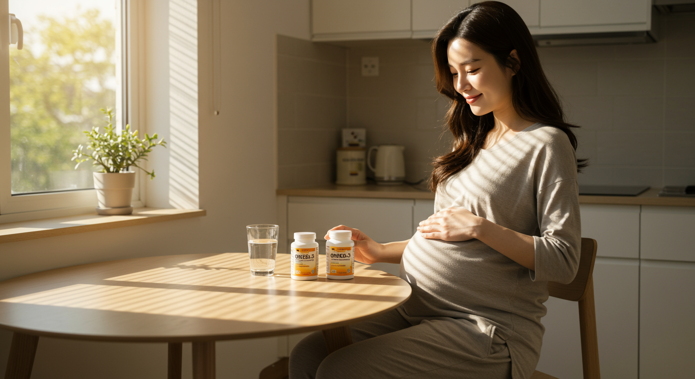 현대적인 임산부가 주방 테이블에서 오메가3 영양제와 물컵을 앞에 두고 앉아 있는 모습