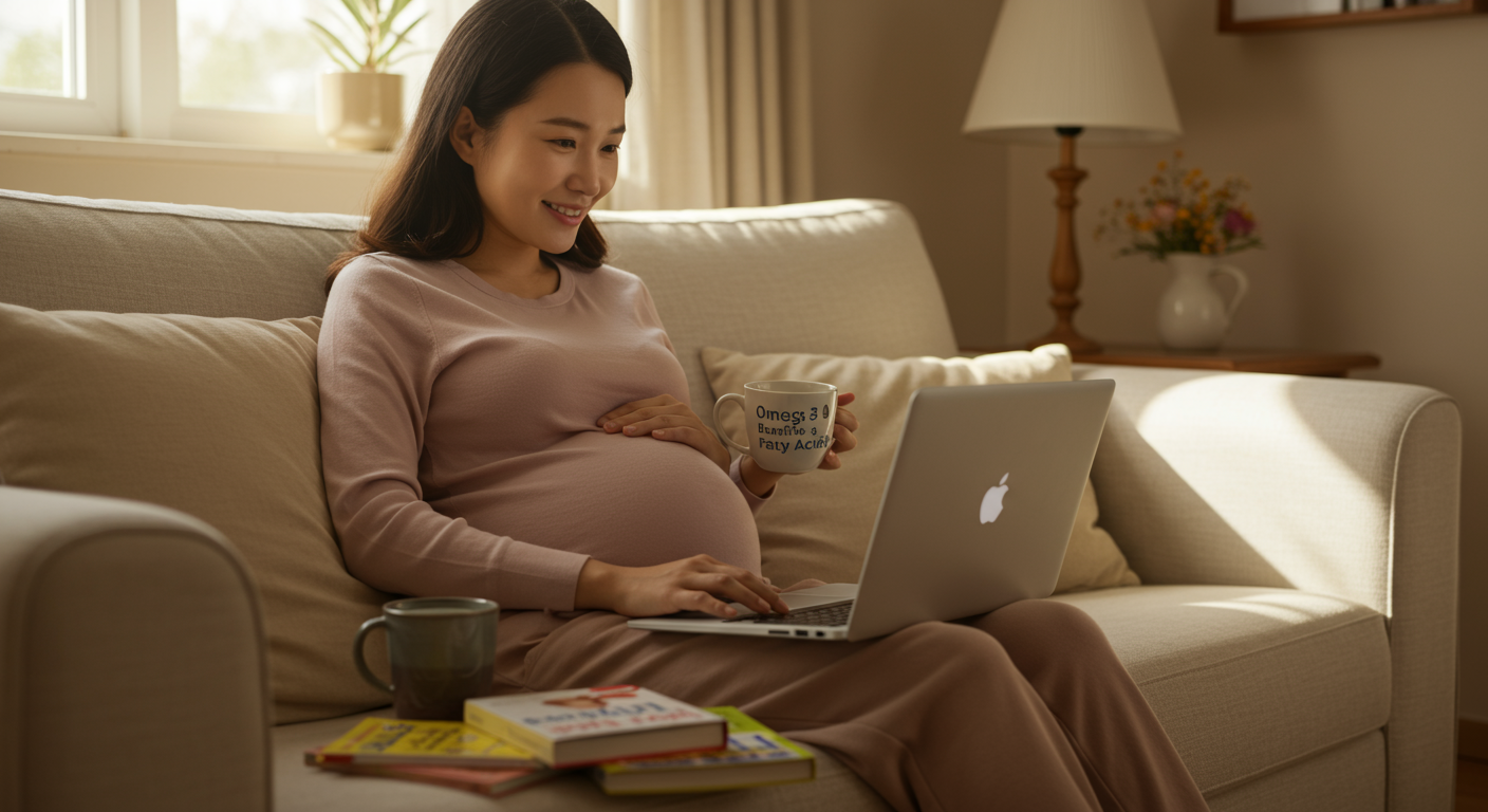 임신 관련 책과 허브티로 둘러싸인 채 노트북으로 오메가3 혜택을 읽고 있는 예비 엄마