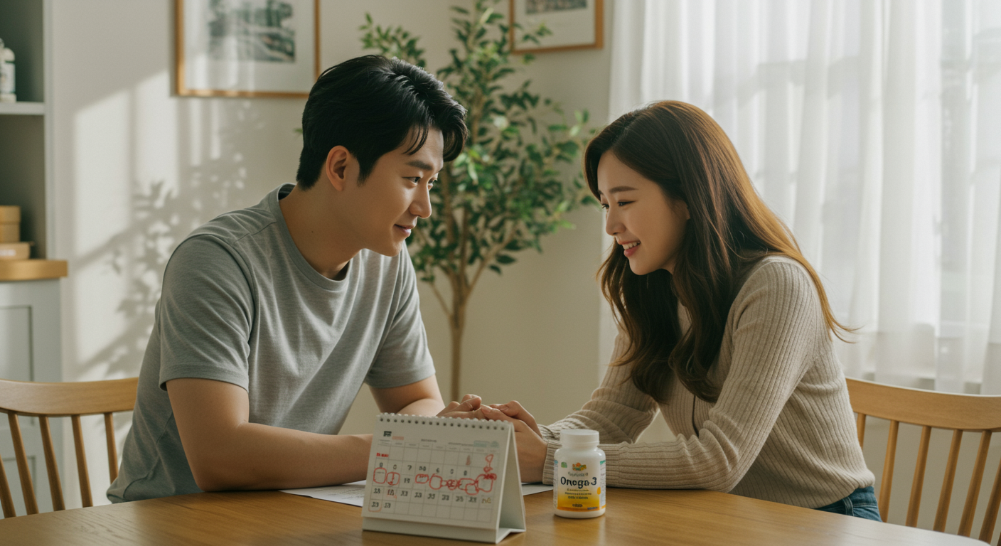 밝은 방에서 달력과 오메가3 영양제를 보며 임신 계획을 세우는 한국인 부부