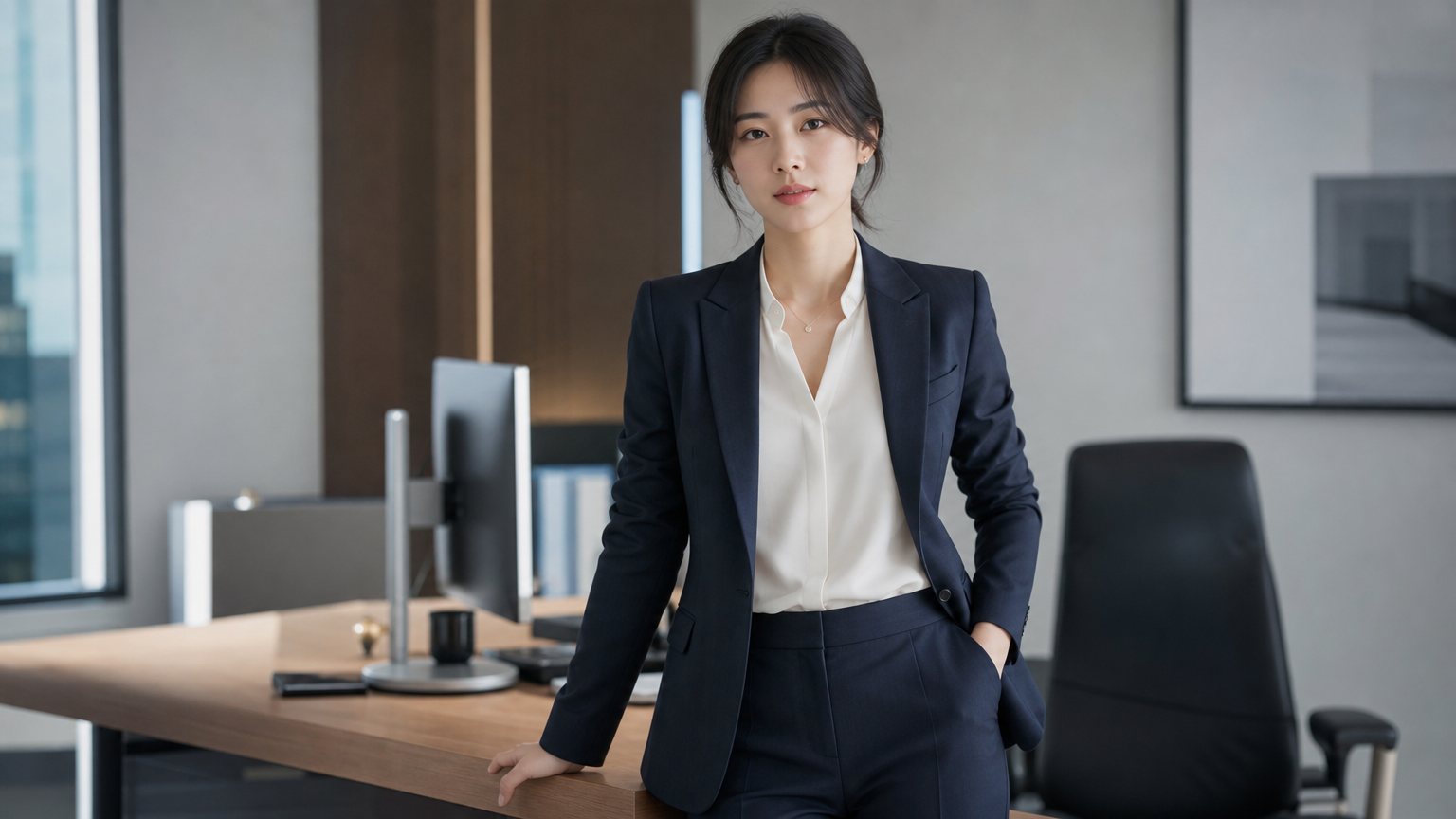 테일러드 재킷과 블라우스를 입고 있는 여성의 모던한 오피스룩