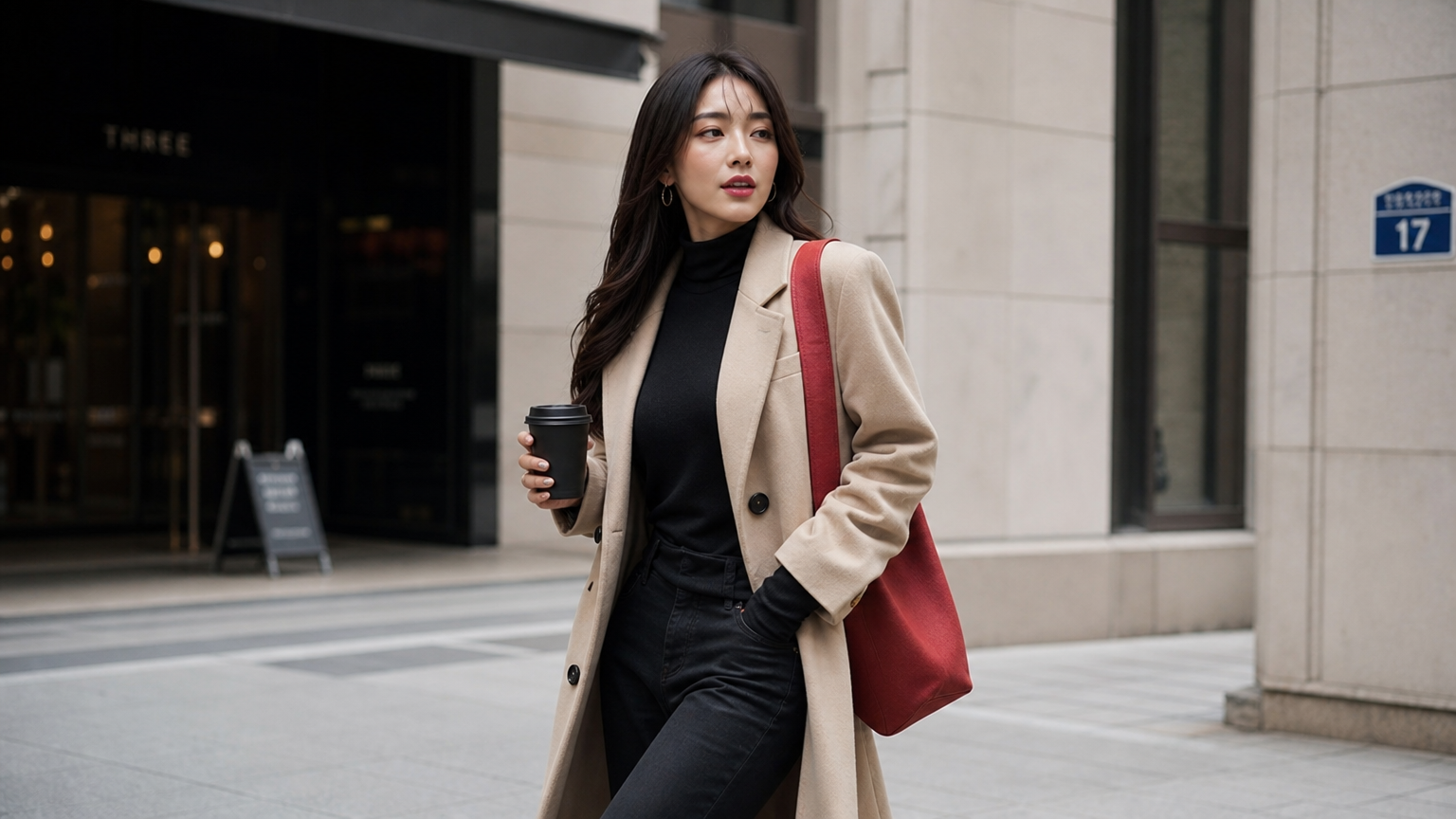 모노톤과 뉴트럴 컬러를 사용하여 시크하게 연출된 패션 스타일