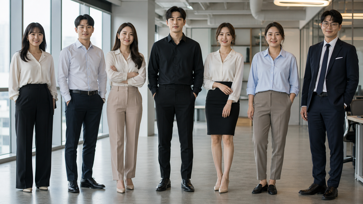 다양한 체형에 맞춘 커스터마이즈드 오피스 패션을 보여주는 사람들