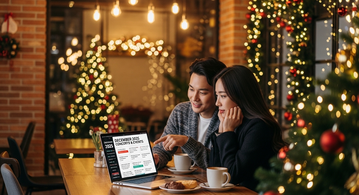 카페에서 노트북으로 2025년 12월의 콘서트와 이벤트를 계획하는 현대적인 커플