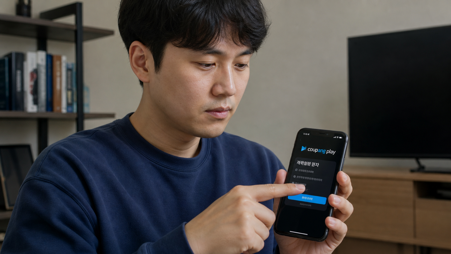 스마트폰에서 쿠팡플레이 앱을 설정하는 남성의 집중된 표정
