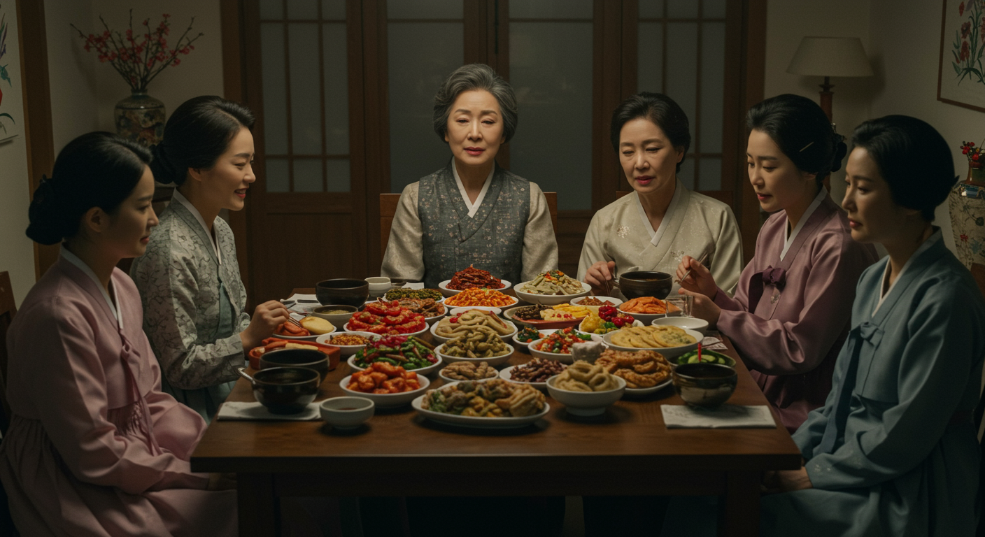 추석을 맞아 모인 현대적인 한국 가족이 식탁에 둘러앉아 전통 음식을 나누는 모습, 기대와 부담이 섞인 표정