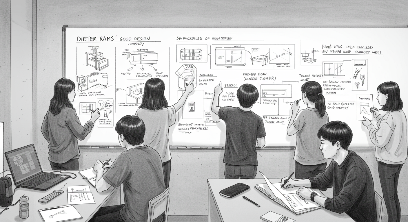 한국인 디자인 학생들이 교실에서 큰 보드에 디터 람스 원칙을 설명하는 장면