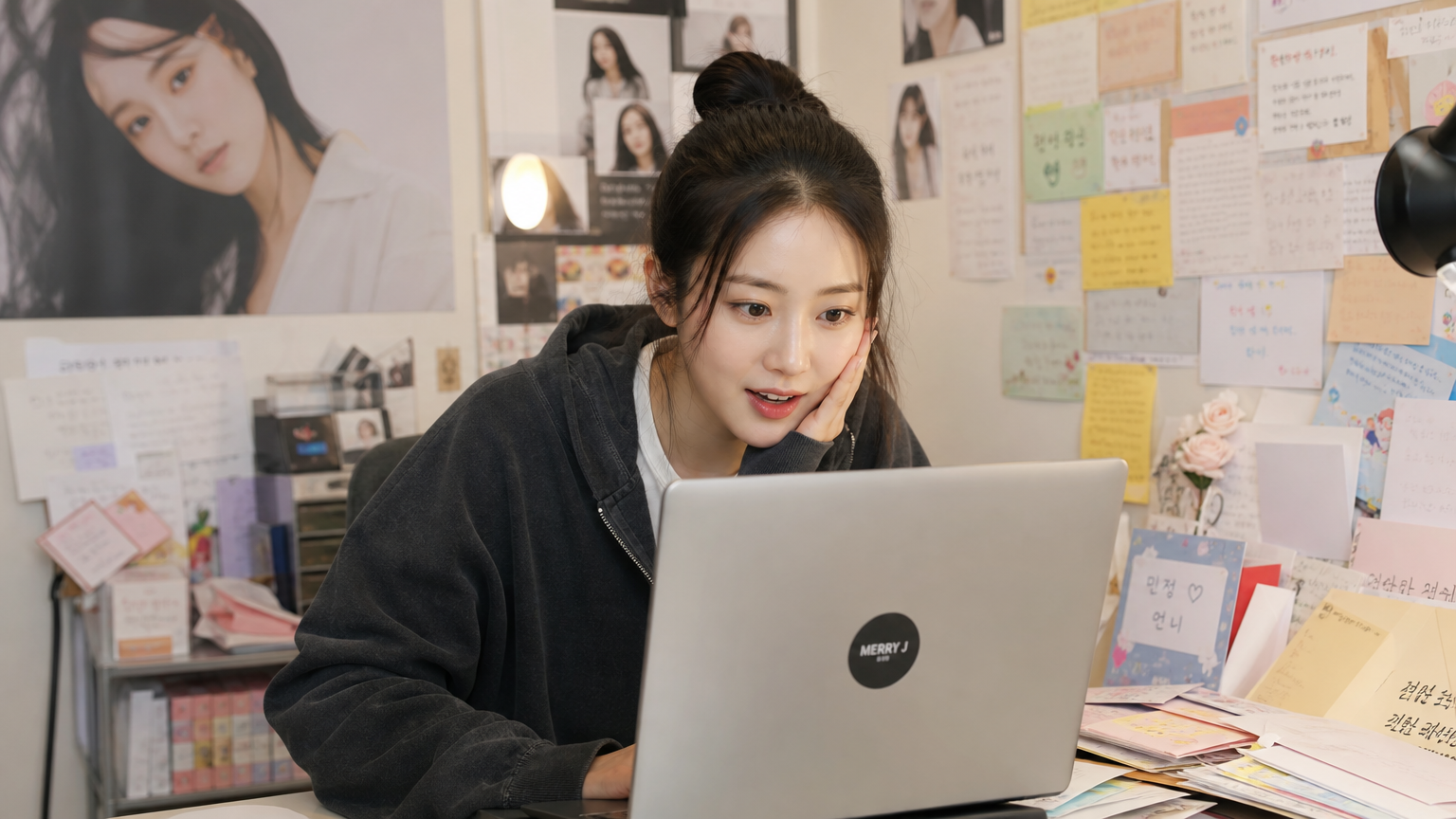 방 안에서 노트북을 보며 팬레터와 포스터에 둘러싸인 젊은 여성의 모습