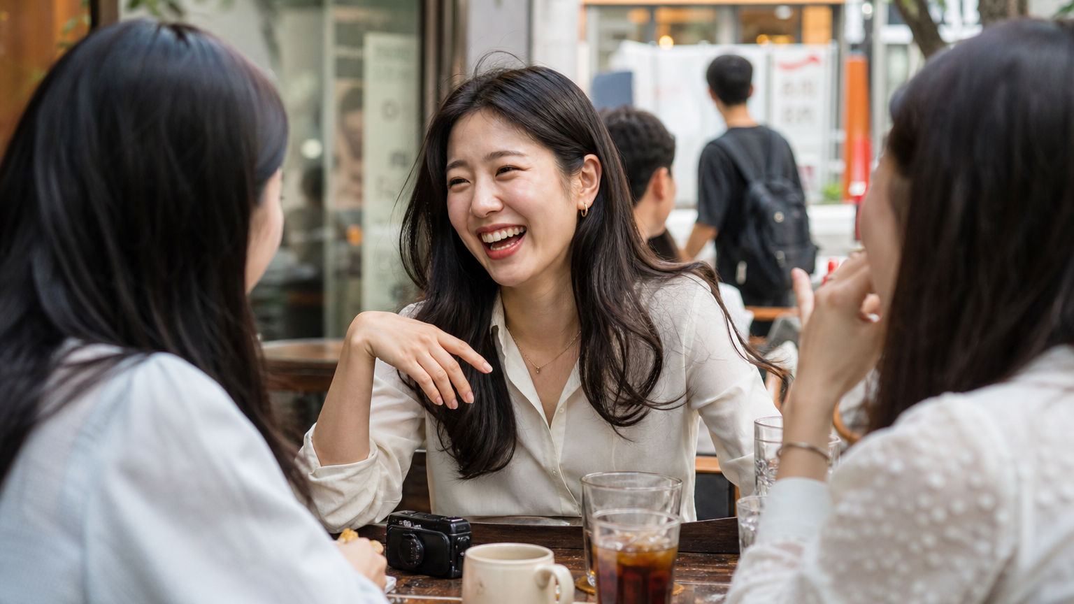 서울 카페에서 친구들과 웃고 이야기하는 에너지 넘치는 한국 여성