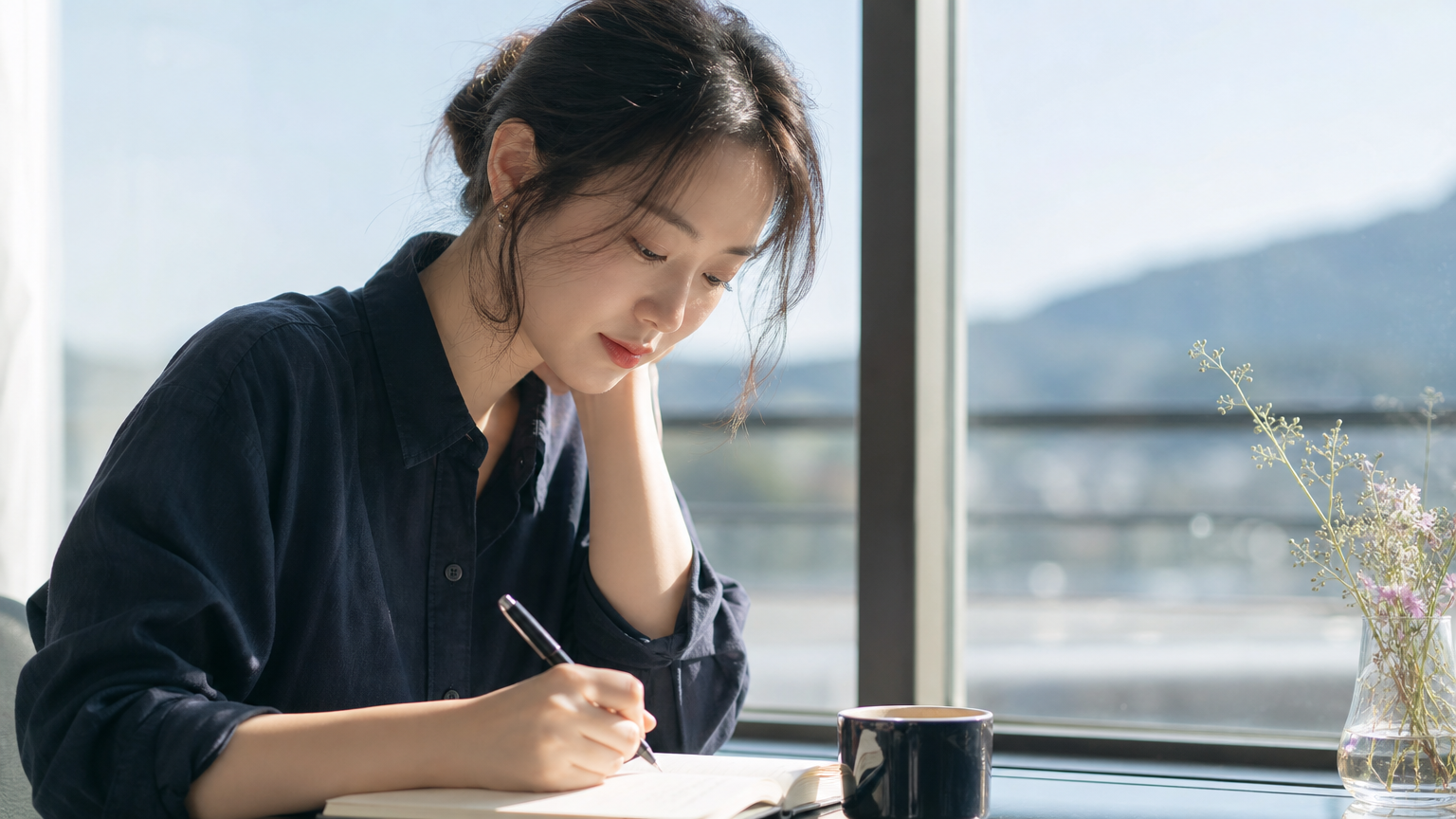 창가에서 일기를 쓰며 깊이 있는 감정을 표현하는 사려 깊은 한국 여성