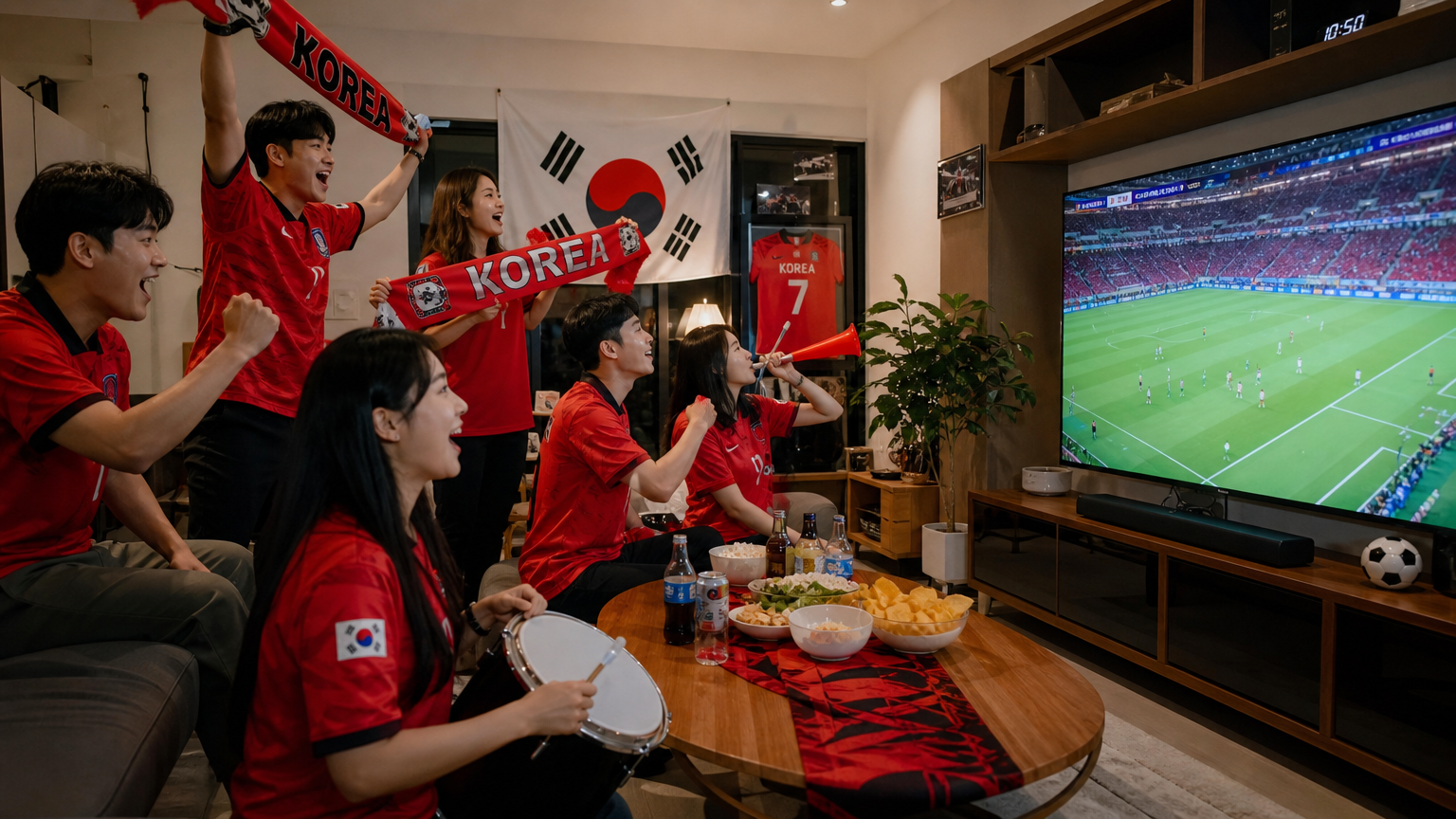 현대적인 거실에서 월드컵 경기를 시청하는 젊은 축구 팬들
