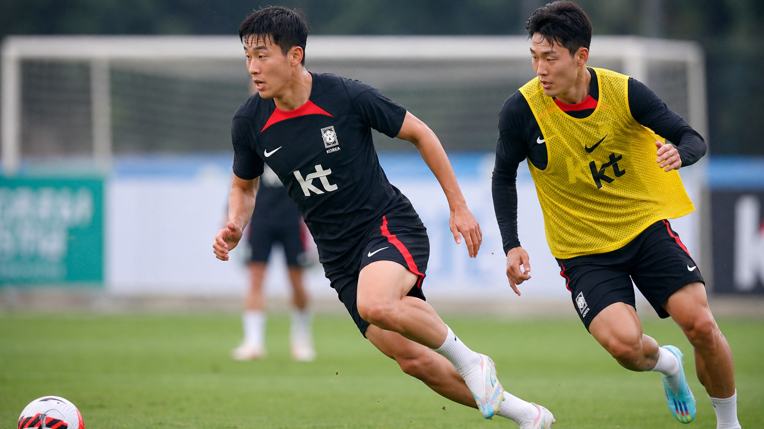 축구장에서 훈련 중인 경험 많은 선수들의 모습