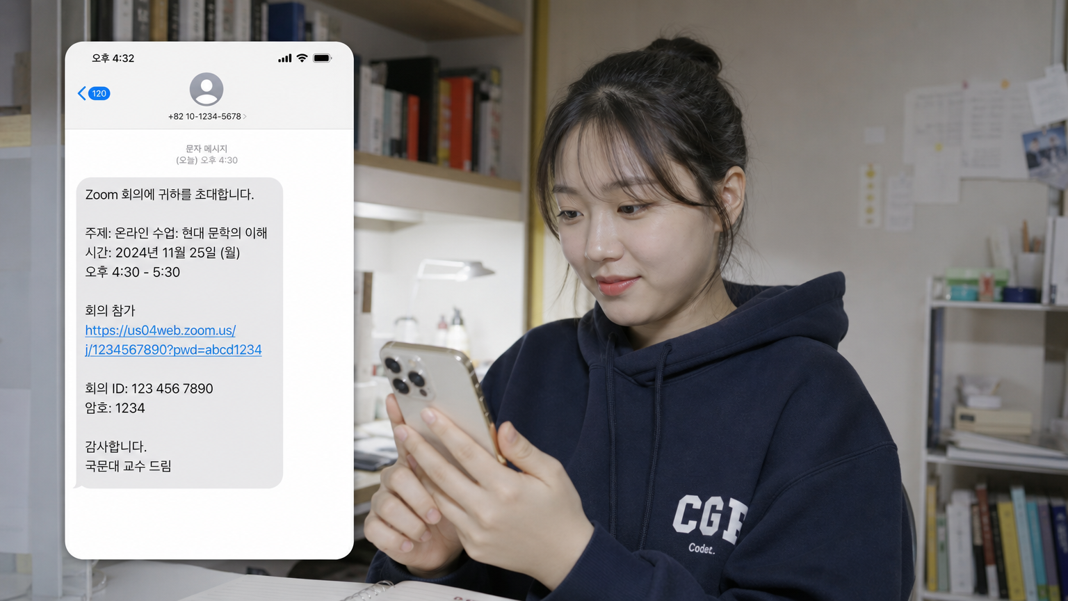 스마트폰으로 줌 초대 링크를 눌러 손쉽게 온라인 수업에 참여하는 한국 학생 모습