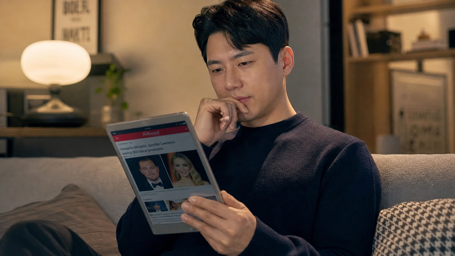 현대적인 남성이 거실에서 태블릿으로 할리우드 스타 관련 뉴스를 읽고 있는 모습