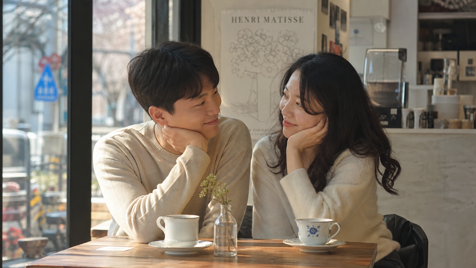 젊은 커플이 카페에서 함께 앉아 미소를 지으며 추억을 나누는 장면
