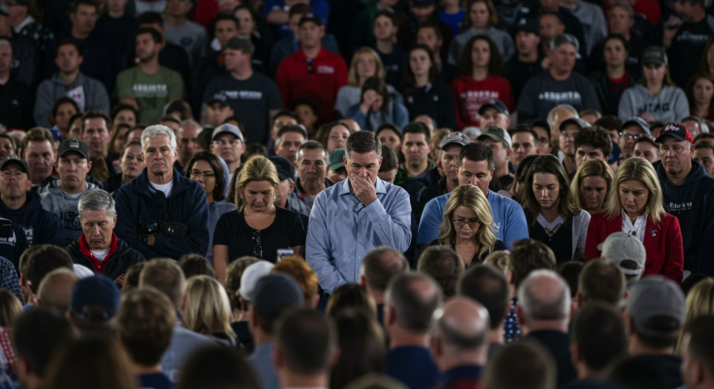 미국에서 열린 대규모 야외 정치 집회 현장, 충격을 받은 청중과 긴장감이 감도는 분위기.
