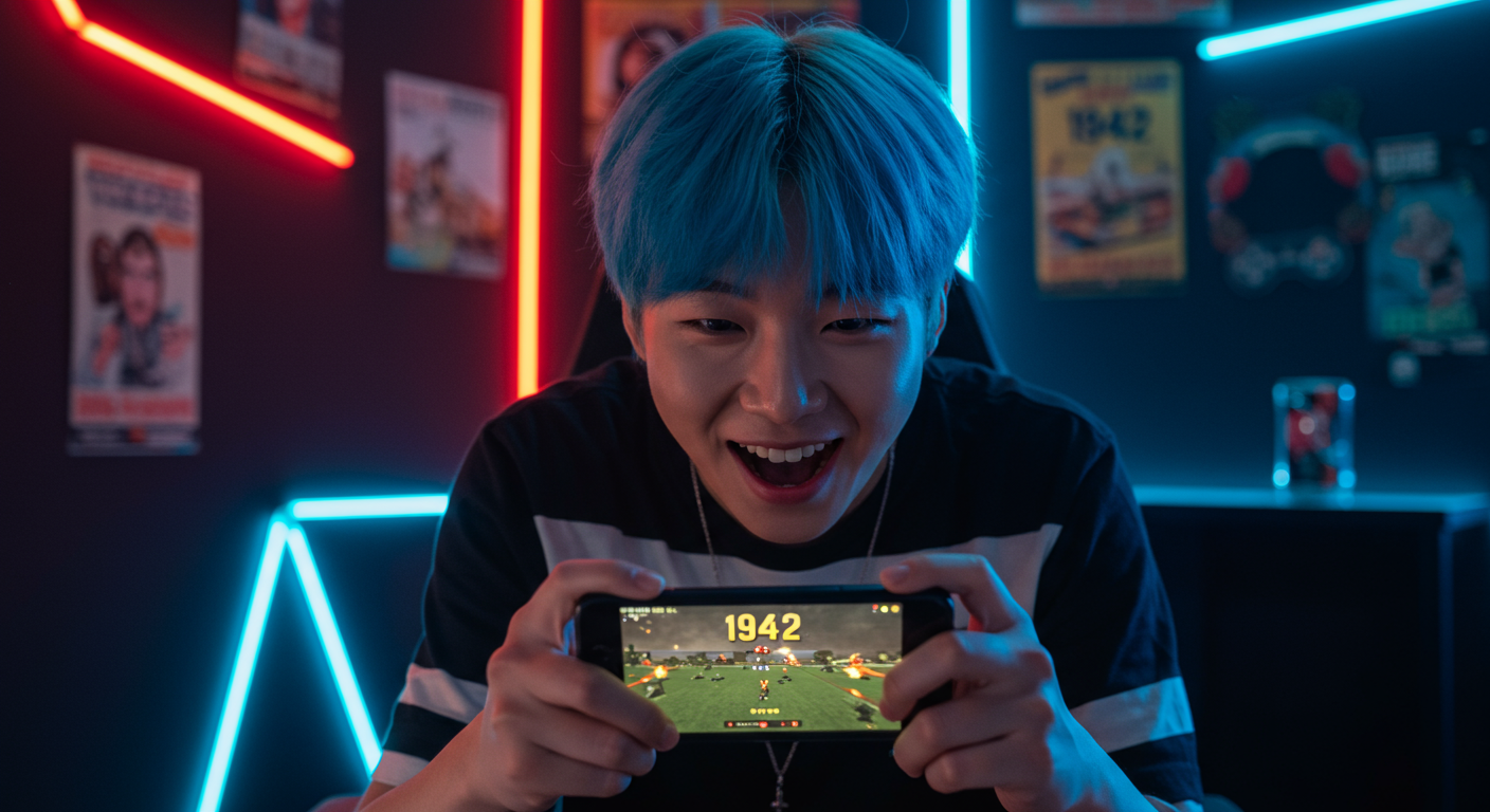 현대 한국 게이머가 스마트폰으로 클래식 게임 '1942'를 플레이하는 모습