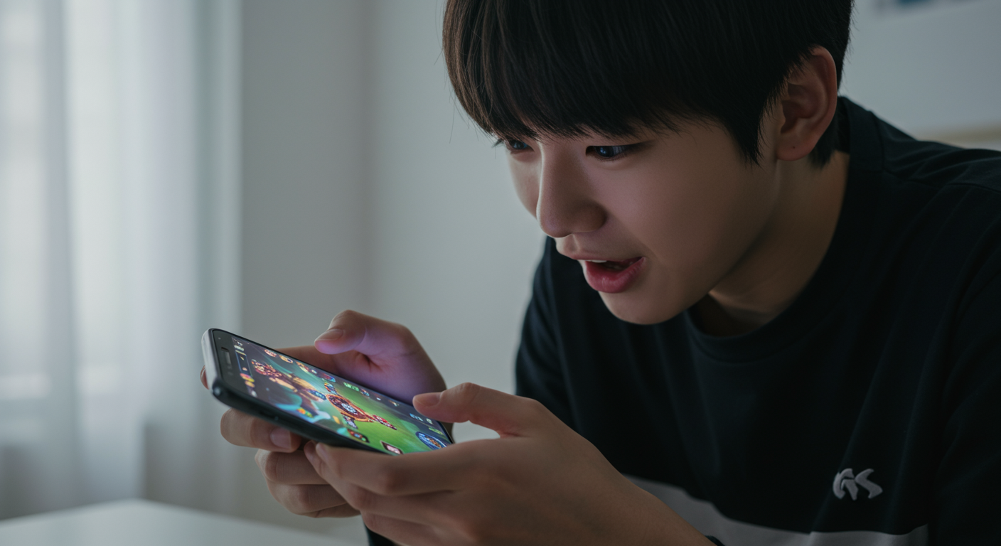 고급 스마트폰에서 터치 조작으로 모바일 게임을 하는 한국 청소년