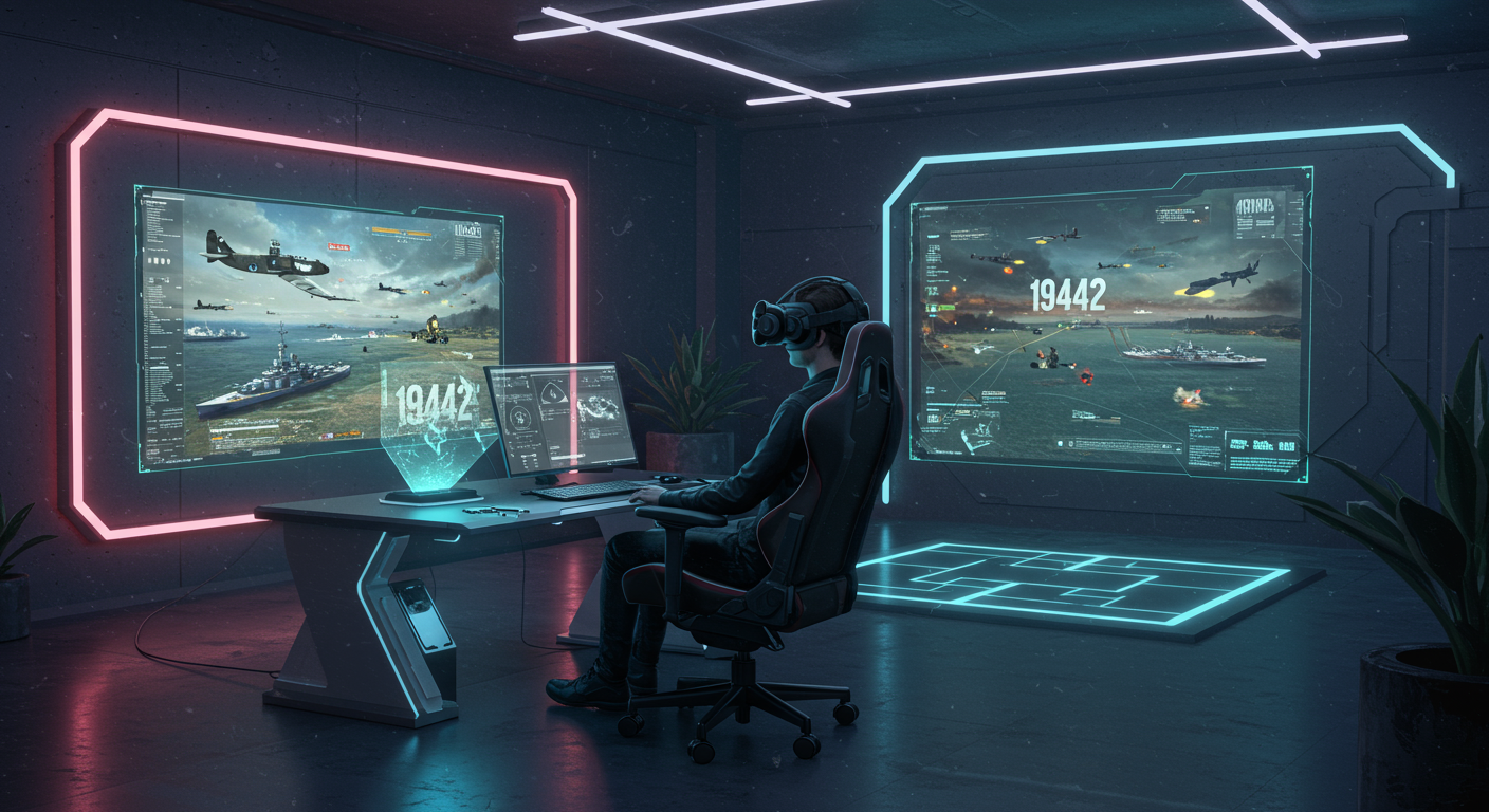 VR 헤드셋과 홀로그래픽 디스플레이로 미래형 기술을 보여주는 '1942' 게임플레이