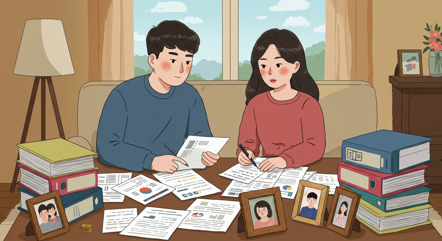 서류와 가족 사진을 보며 재정 계획을 논의하는 한국 부부