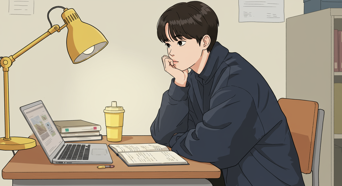 책상에 앉아 미래를 고민하는 젊은 한국 학생