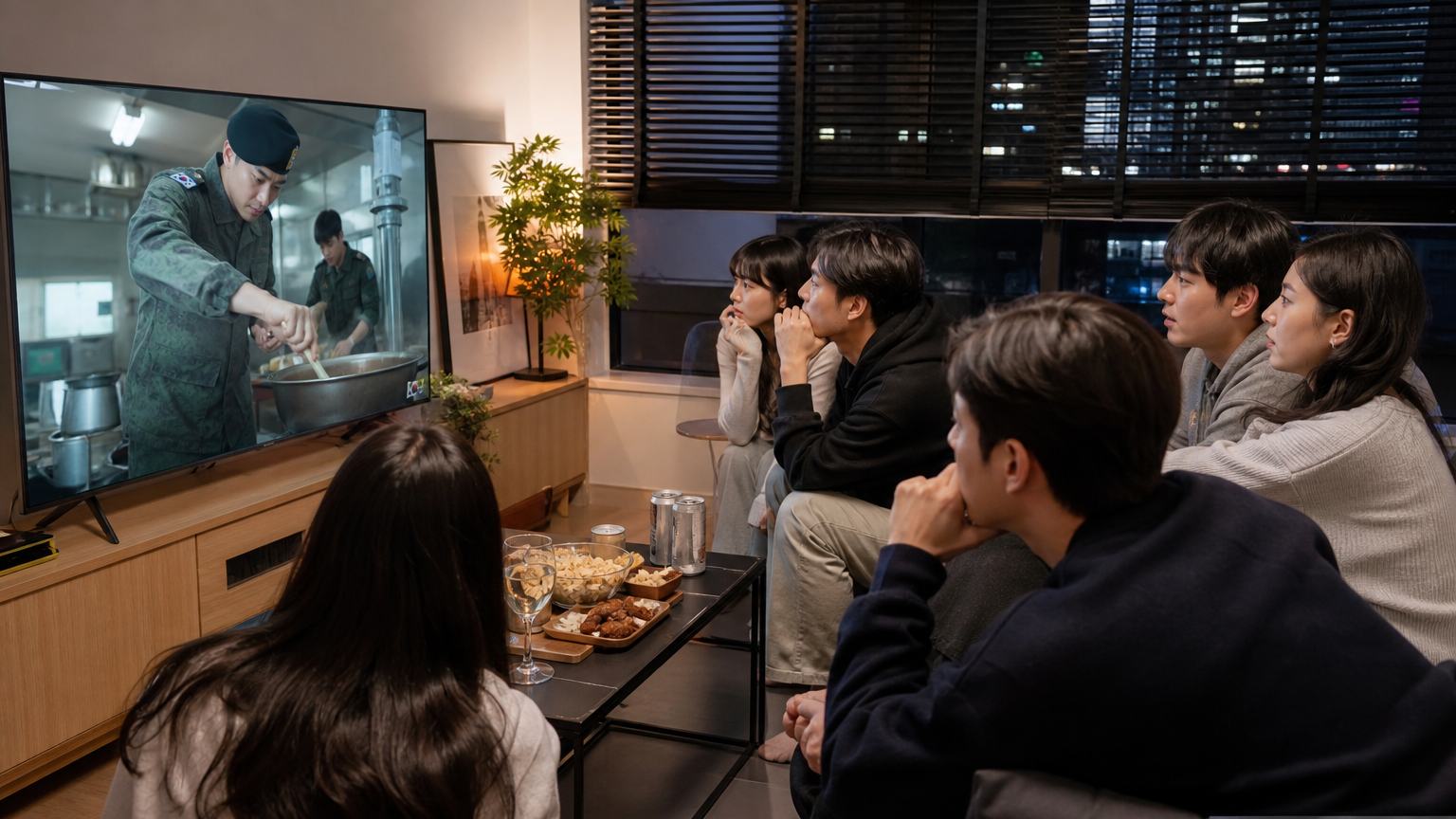 젊은 사람들이 거실에서 군대 요리 드라마를 집중하여 시청하는 장면