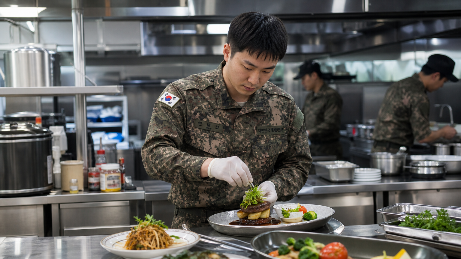 군대 주방에서 고급 요리를 준비하는 한국 병사의 모습