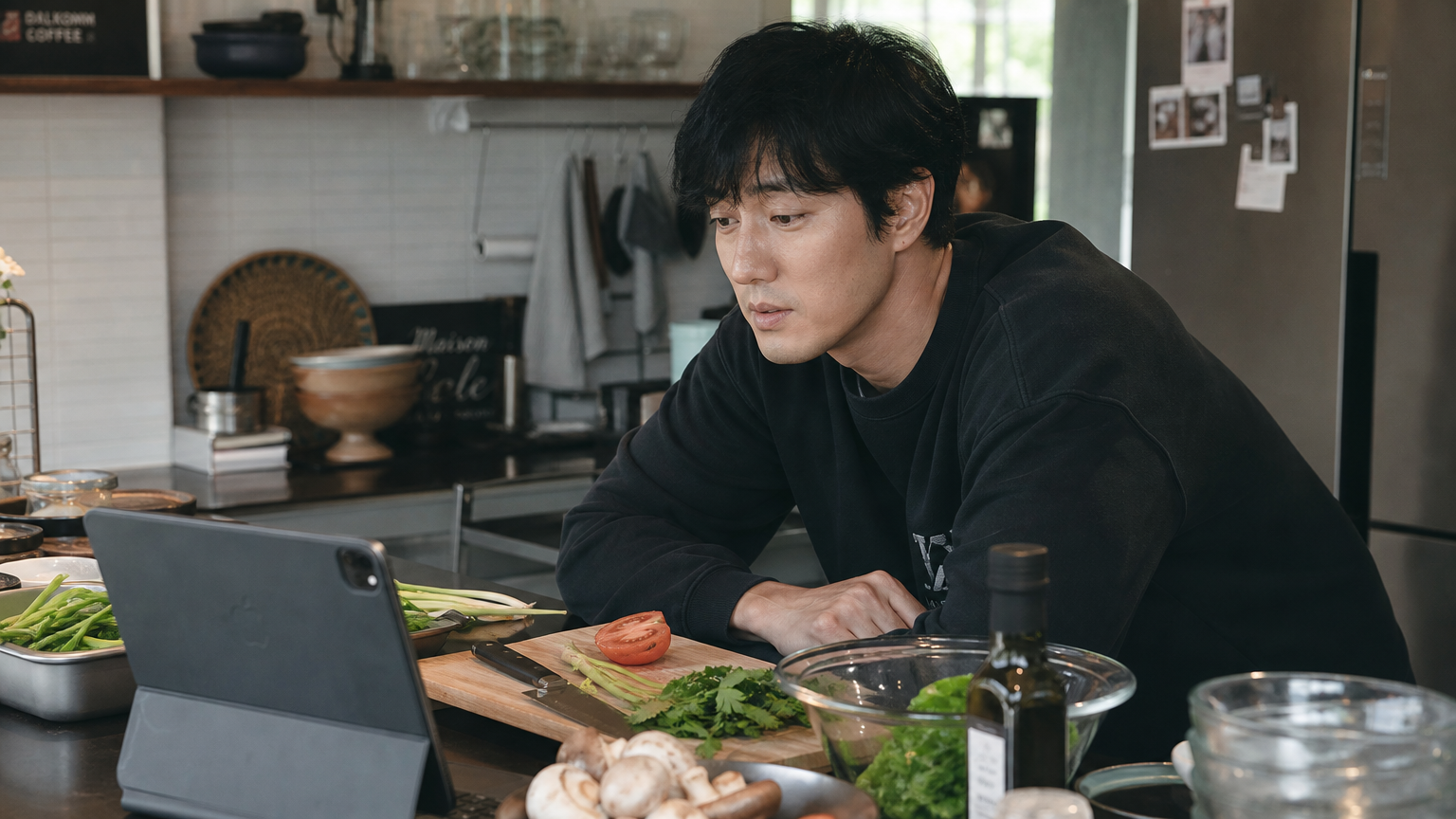 유튜브로 요리를 배우며 주방에서 재료를 준비하는 모습
