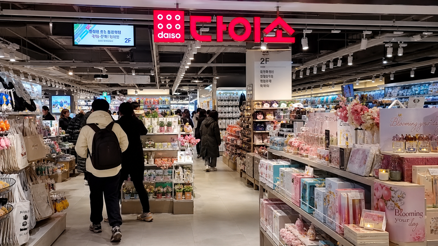 서울의 현대적인 다이소 매장에서 다양한 색상과 스타일로 진열된 제품들