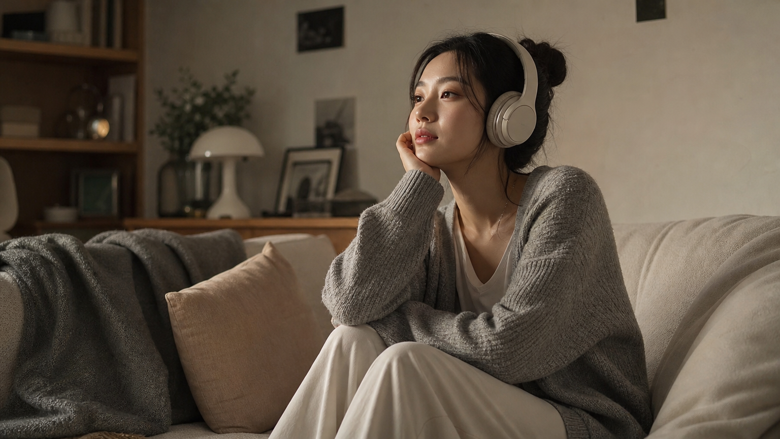 음악을 들으며 따뜻한 분위기의 거실에서 생각에 잠긴 여성
