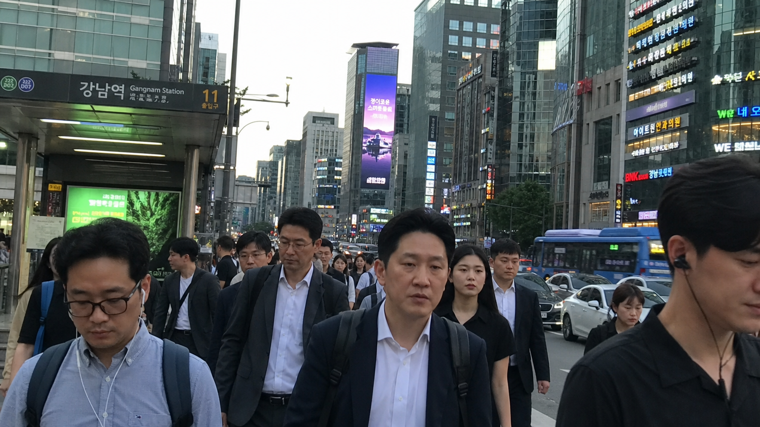 서울의 번화가를 걸어가는 직장인들
