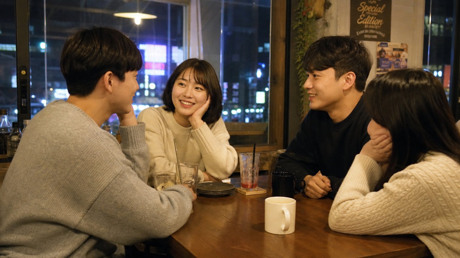 카페에서 이야기를 나누며 서로를 응원하는 젊은 성인들