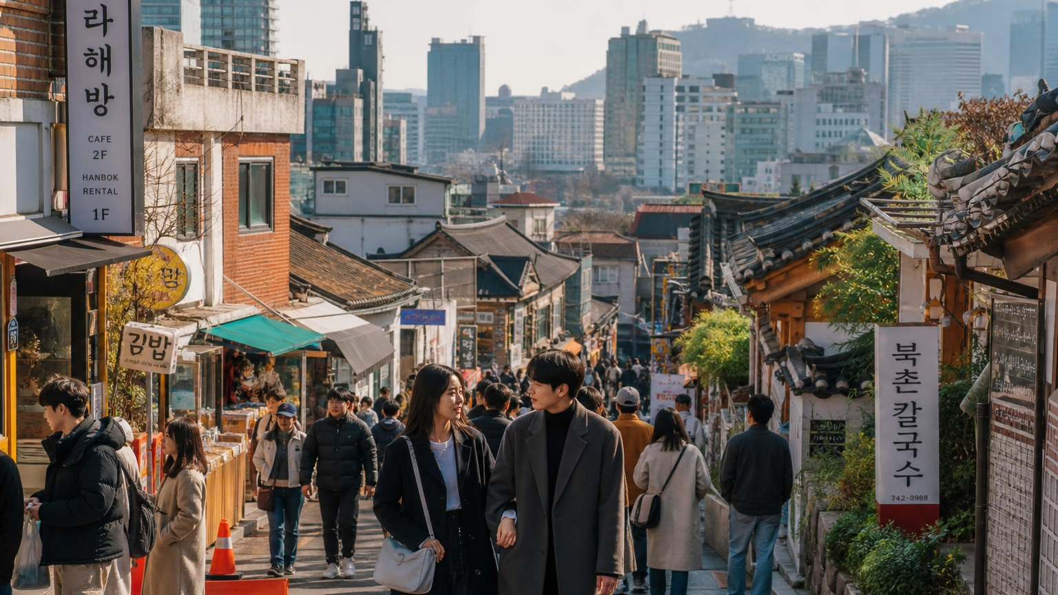 전통과 현대가 공존하는 서울 거리에서 젊은 사람들이 탐험하는 모습