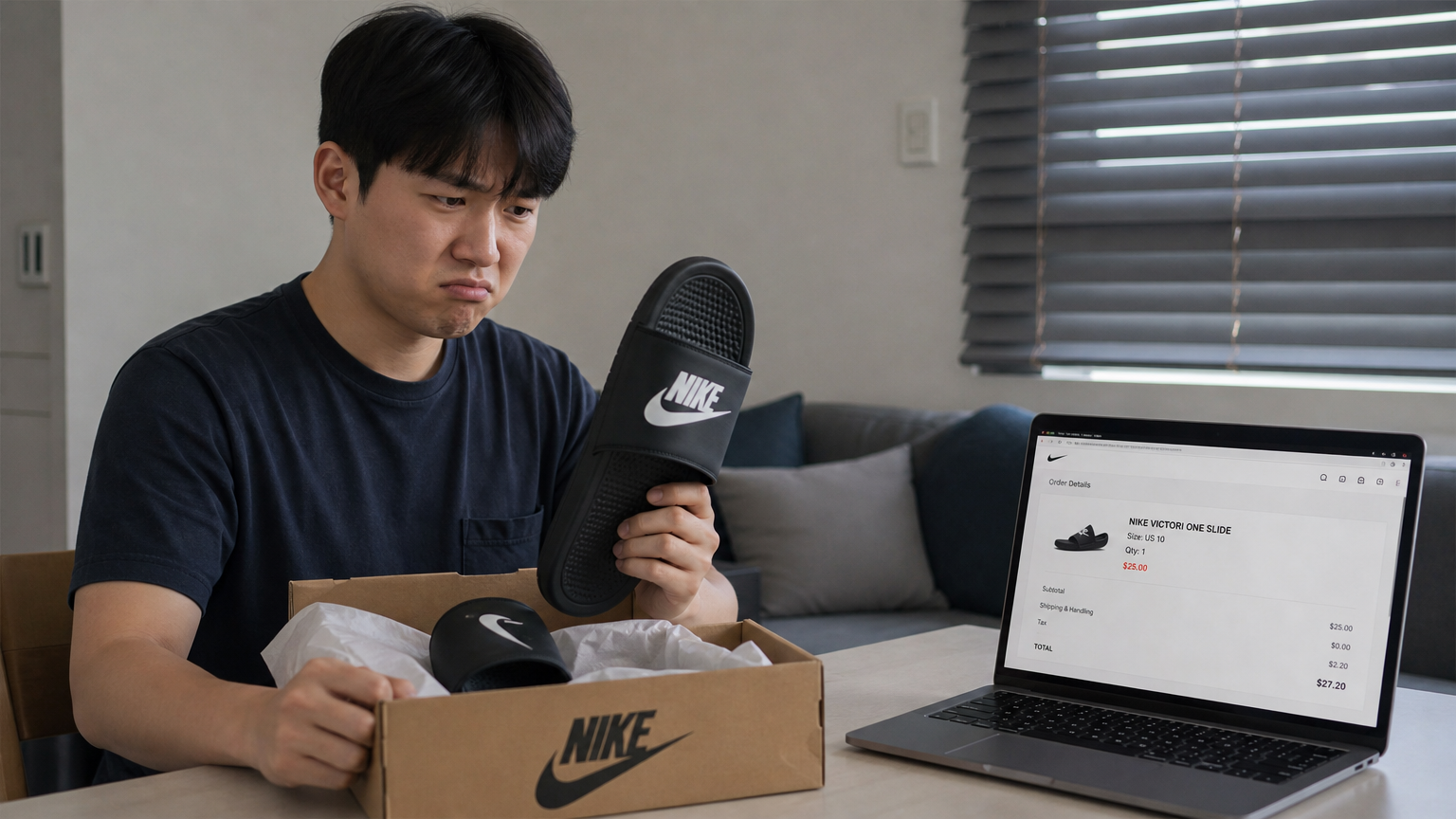 집에서 나이키 슬리퍼를 언박싱하면서 사이즈 불일치로 실망한 모습