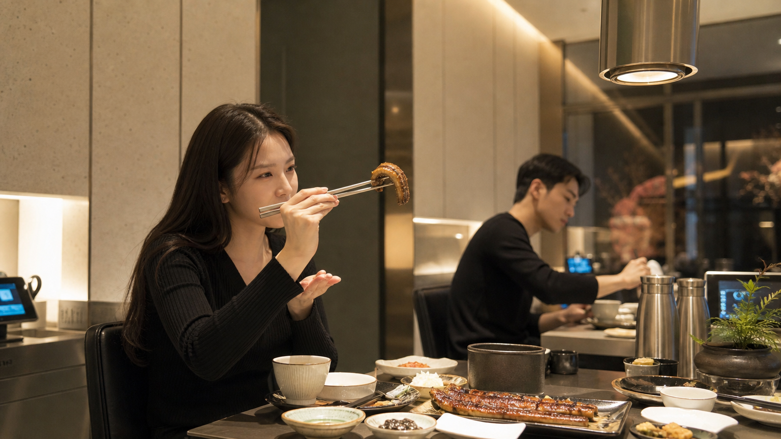 세련된 디자인의 한국식 장어 전문점 내부와 개별 상차림
