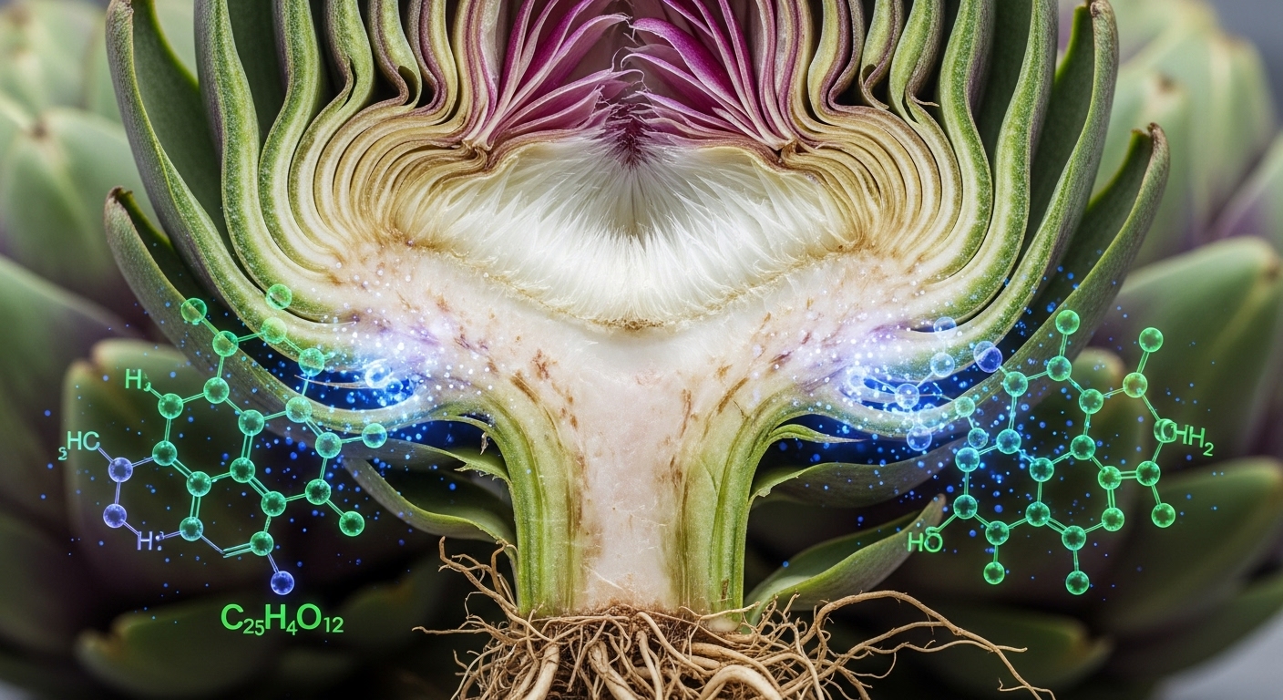 아티초크 잎과 뿌리의 근접 촬영 및 시나린 분자 구조