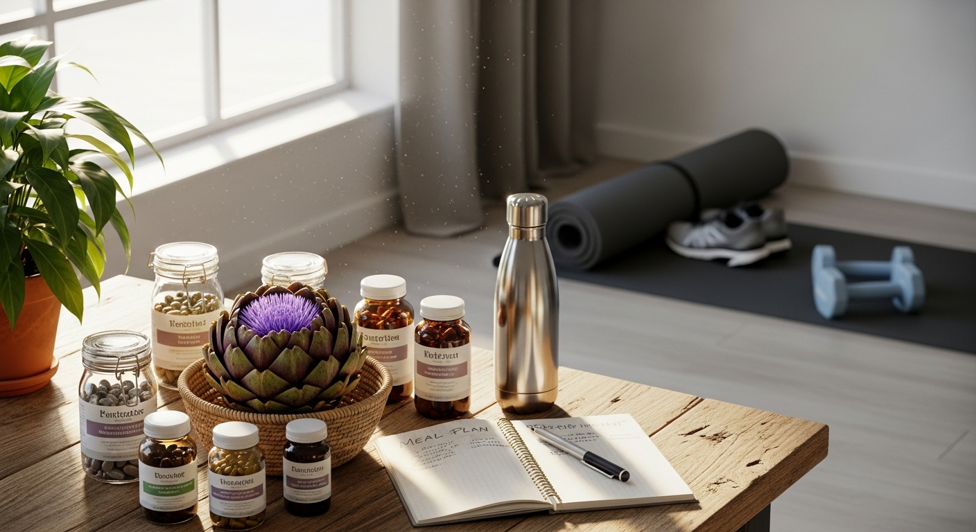 밝은 방에서 허브 보충제와 피트니스 기구 옆에 놓인 아티초크