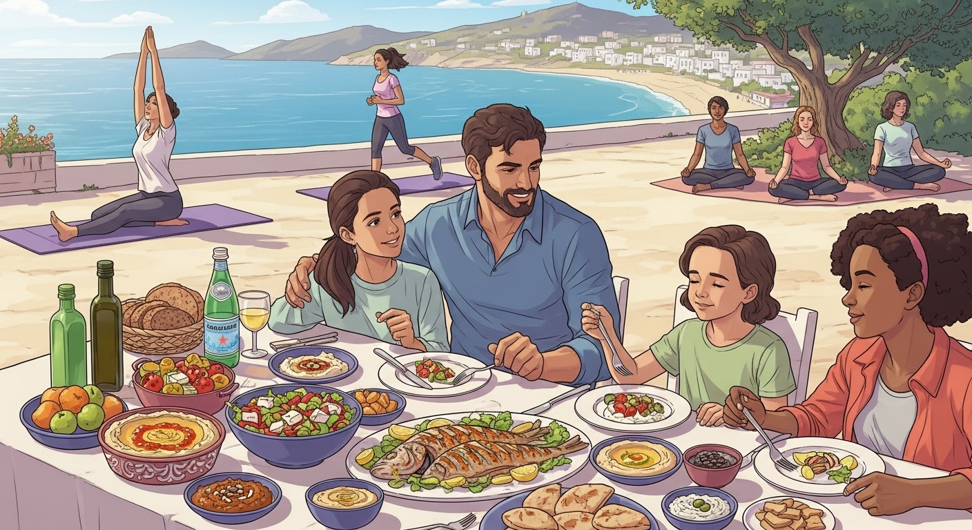 지중해식 식단과 운동을 포함한 균형 잡힌 생활을 즐기는 사람들