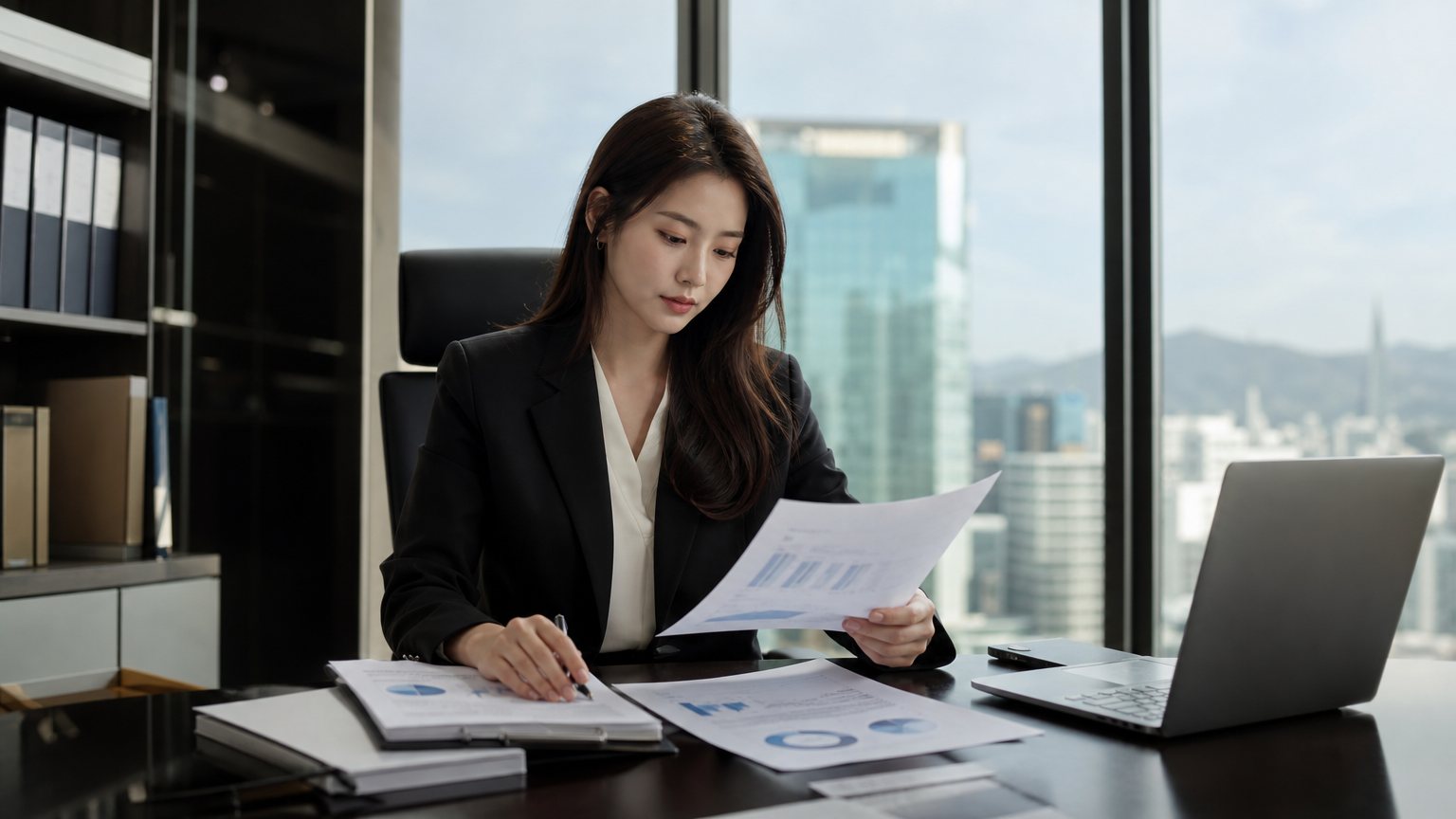 현대적인 사무실에서 서류를 검토하는 한국 사업가