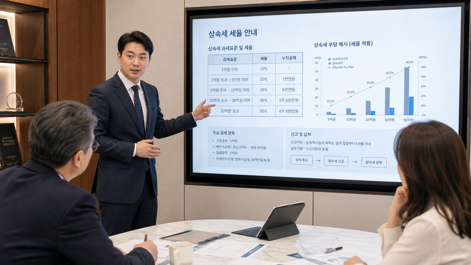 금융 상담사가 고객에게 상속세율을 설명하는 장면