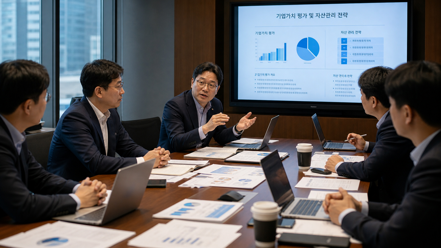 회사 가치를 논의하는 한국 경영진의 회의 모습