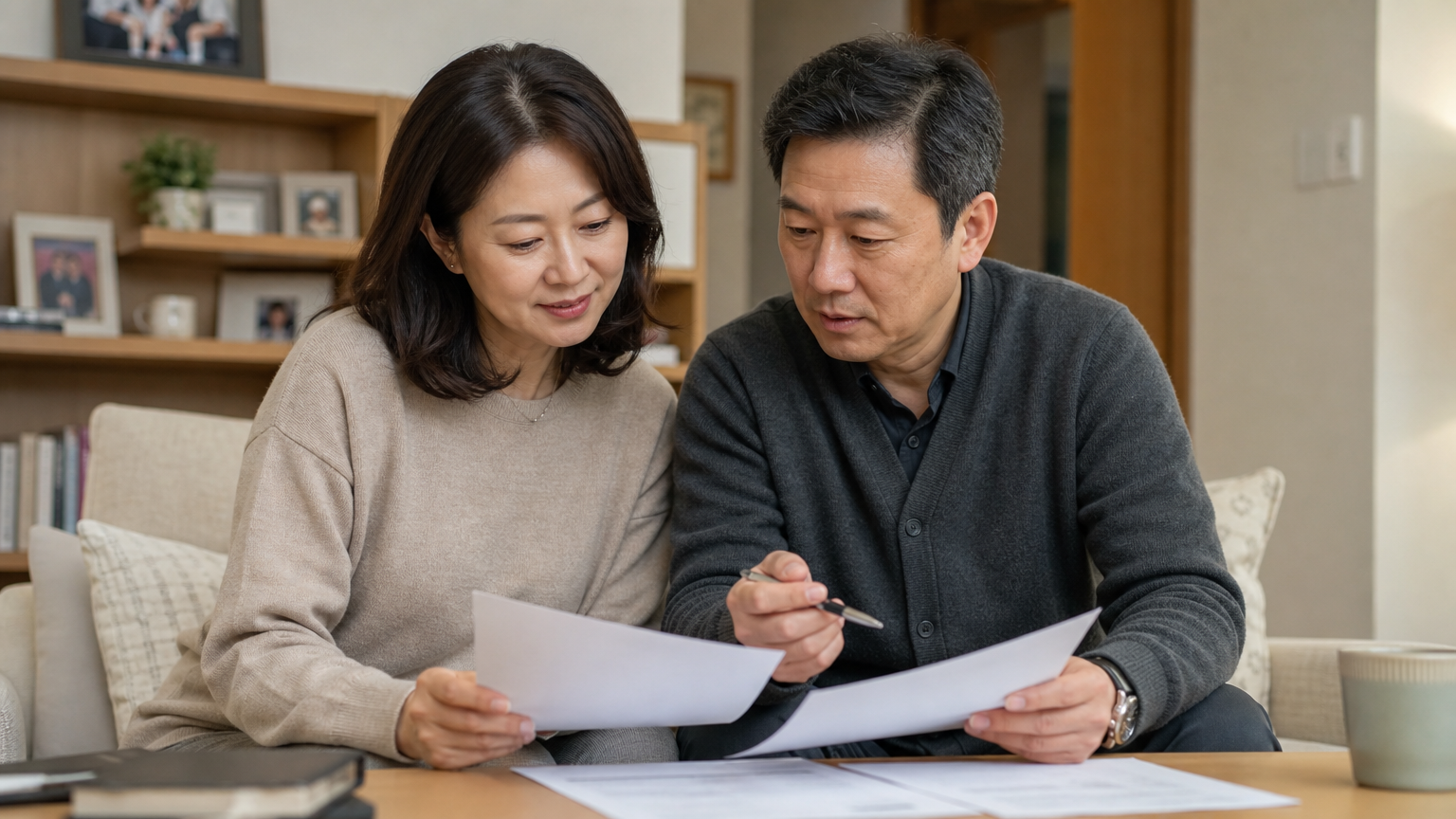 집에서 재산 승계 계획 문서를 검토하는 한국 부부