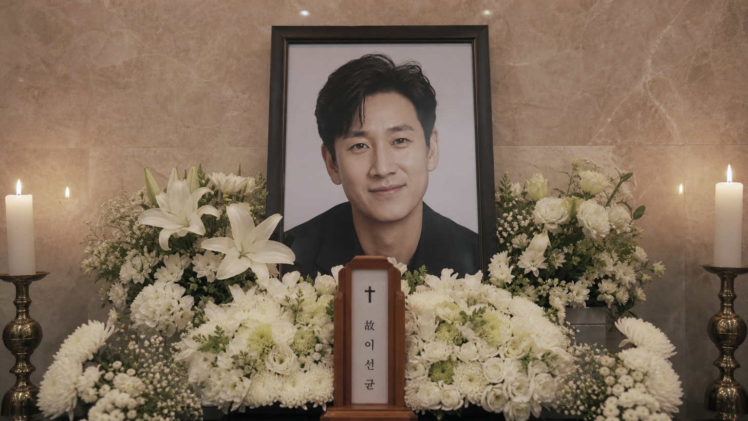 고인의 사진과 흰 꽃, 촛불로 구성된 추모의 장면