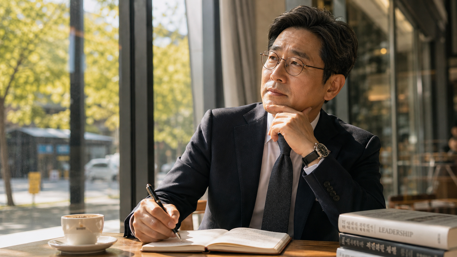 카페에서 자서전을 위한 아이디어를 떠올리며 메모하는 한국 비즈니스맨